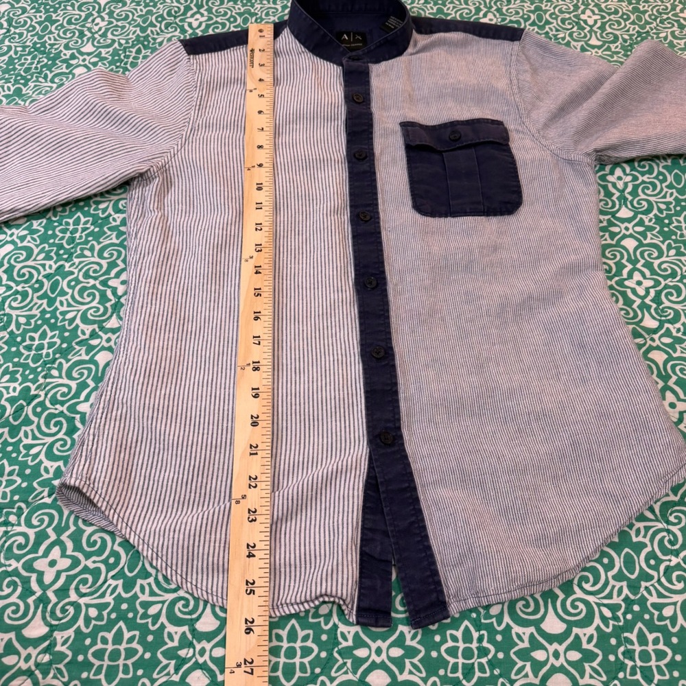 Armani Exchange Mens XS Slim Fit Striped Mandarin Collar Button Up Shirt Blue - Picture 5 of 5